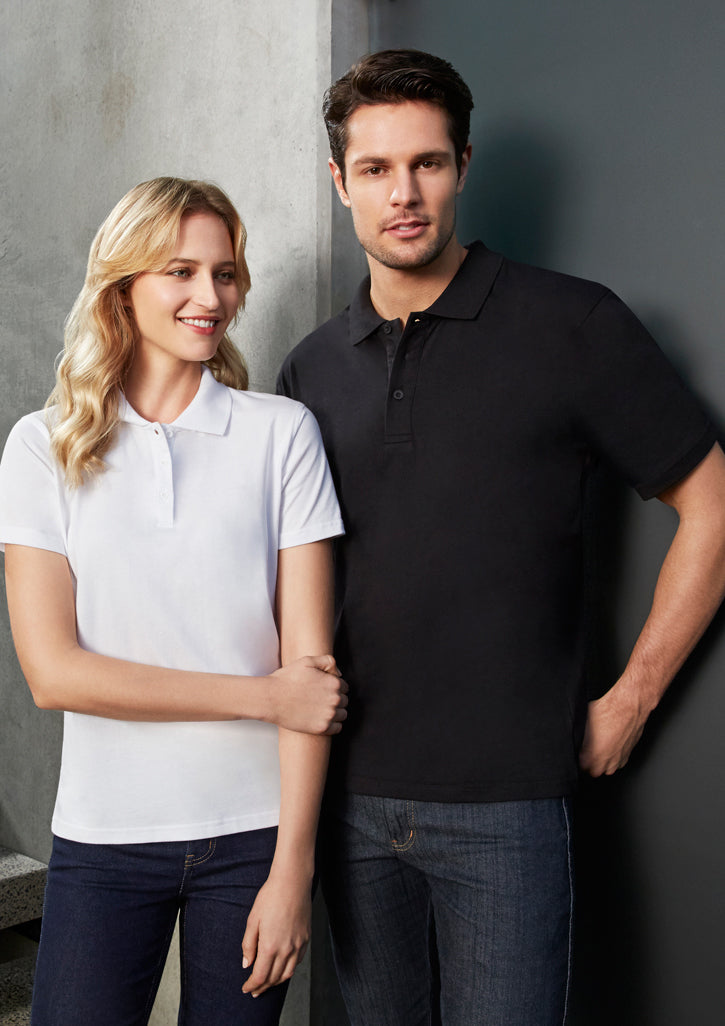 Image depicting a woman wearing an Octan Combed Cotton Women's Polo at a local market.